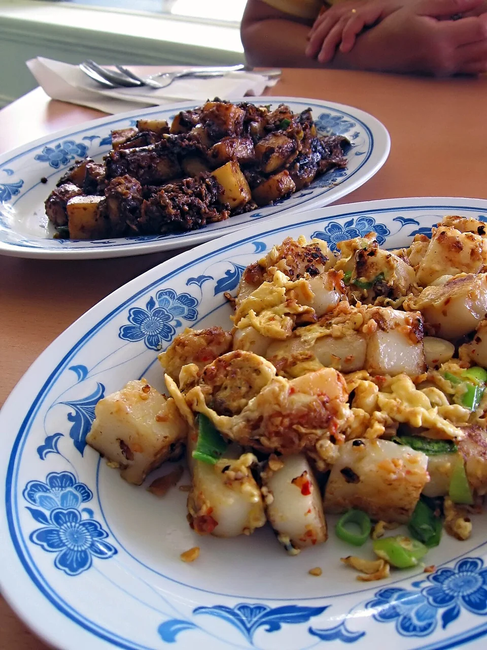 Two blue-and-white plates hold fried carrot cake: a dark soy version behind and a lighter egg version in front.