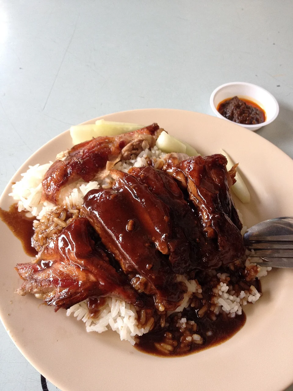 Slices of glossy roast duck lie over white rice on a plate, with a small bowl of chilli sauce nearby.