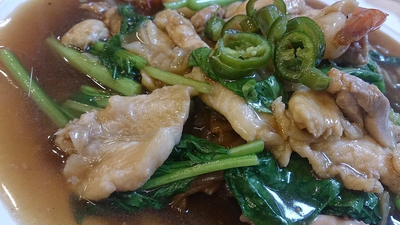 A close-up of hor fun noodles in gravy topped with meat, vegetables and sliced green chillies.