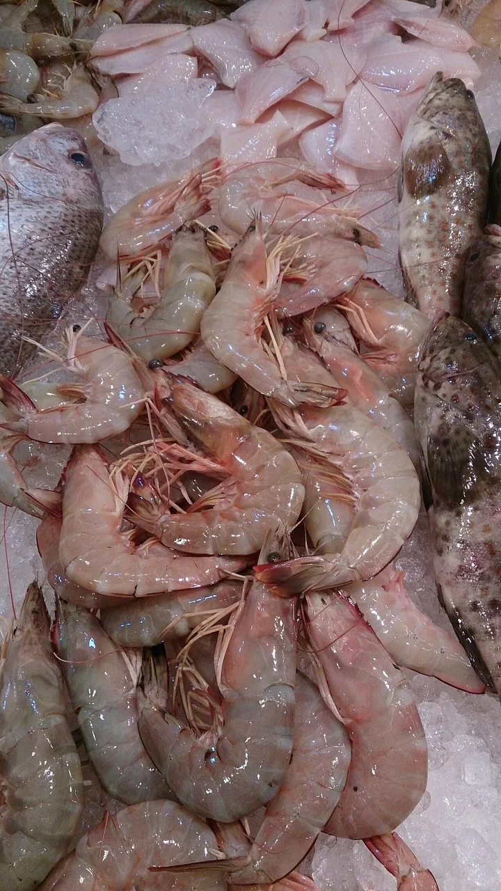 Raw prawns arranged on ice at a market stall.