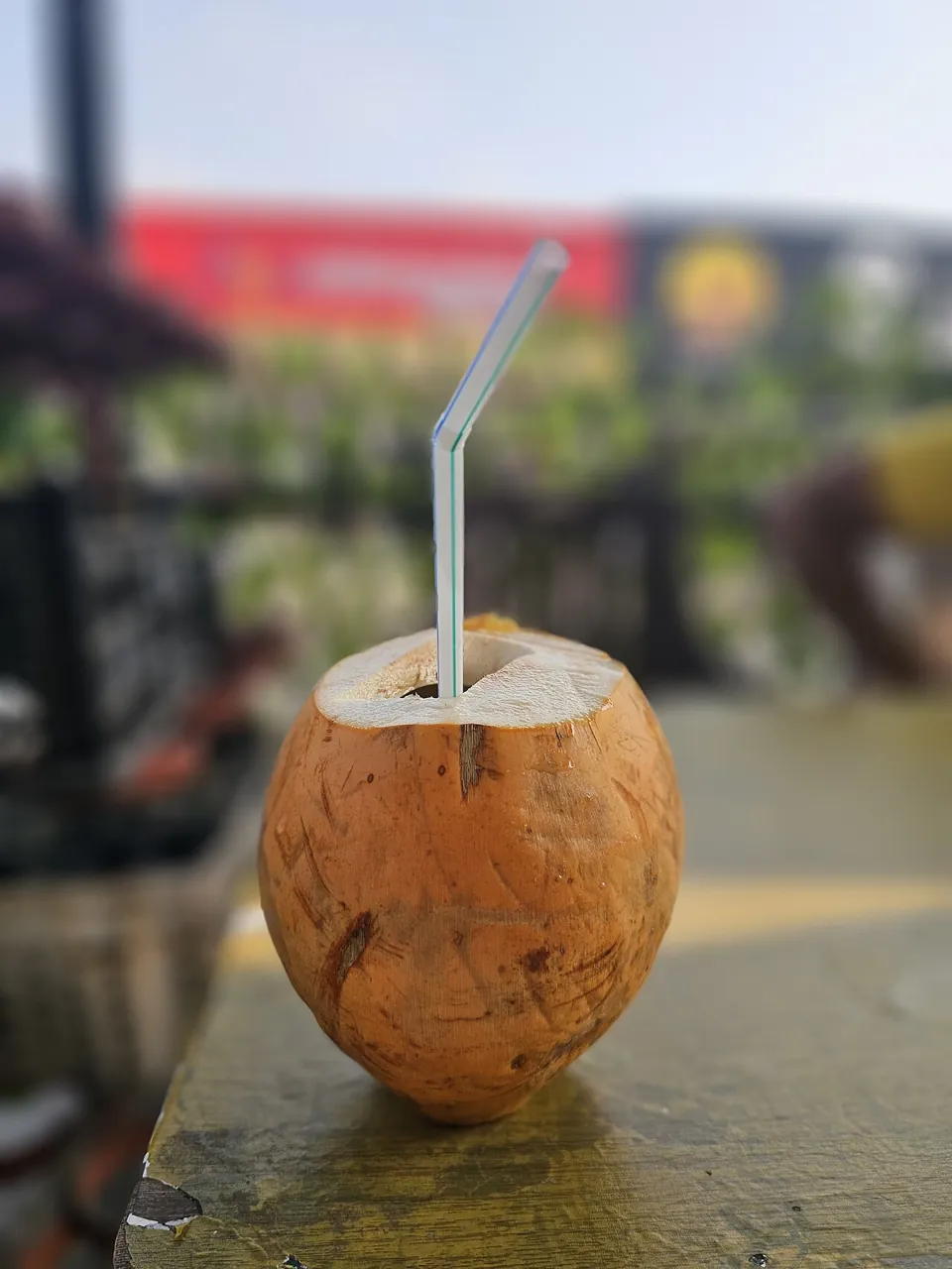 Coconut — A young coconut with a straw, ready to drink.