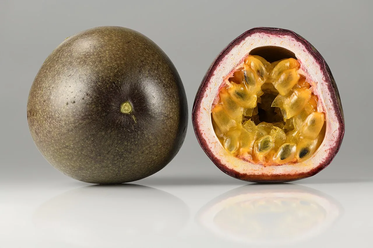 Passion fruit — A whole purple passion fruit beside one cut open.