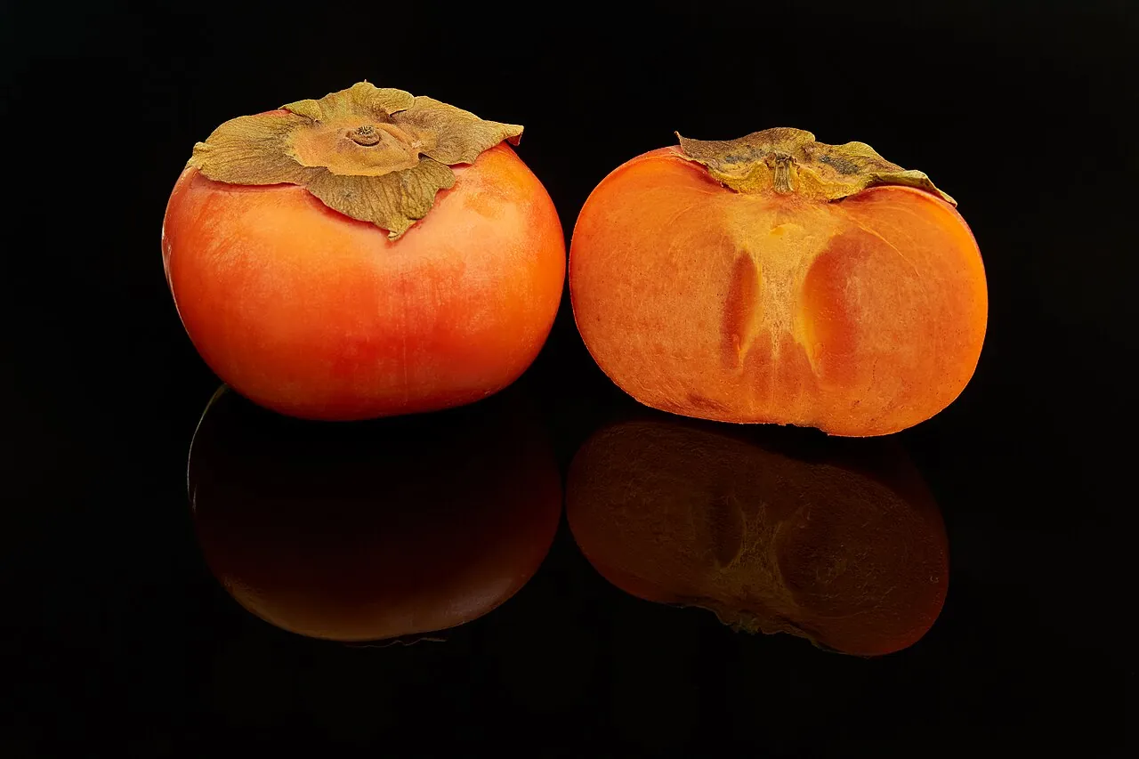 Persimmon — Two persimmons on a dark table, one of them cut open.