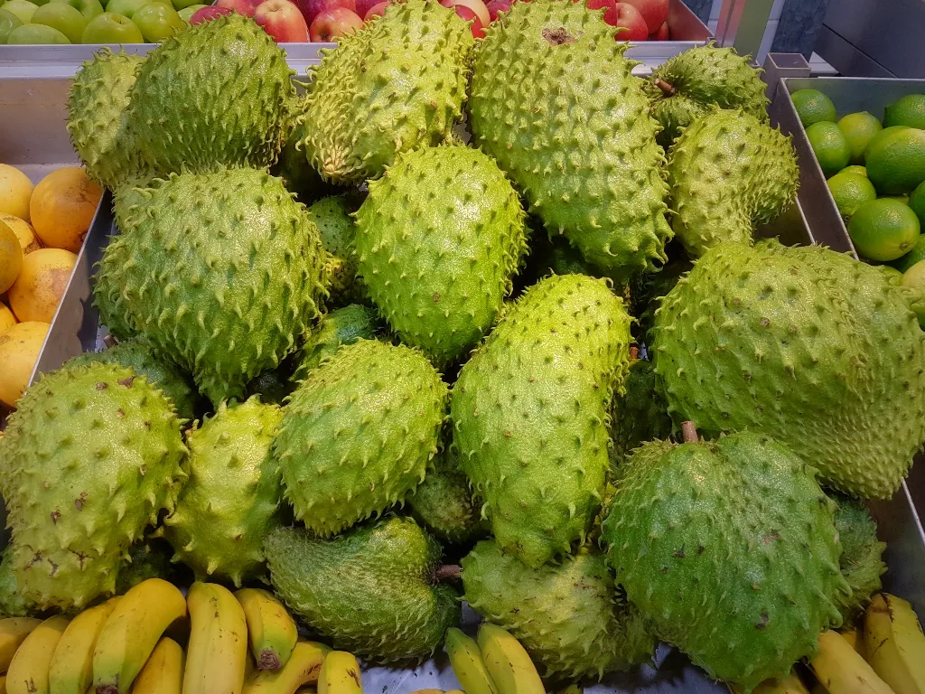 Soursop — Green soursops piled up at a market.