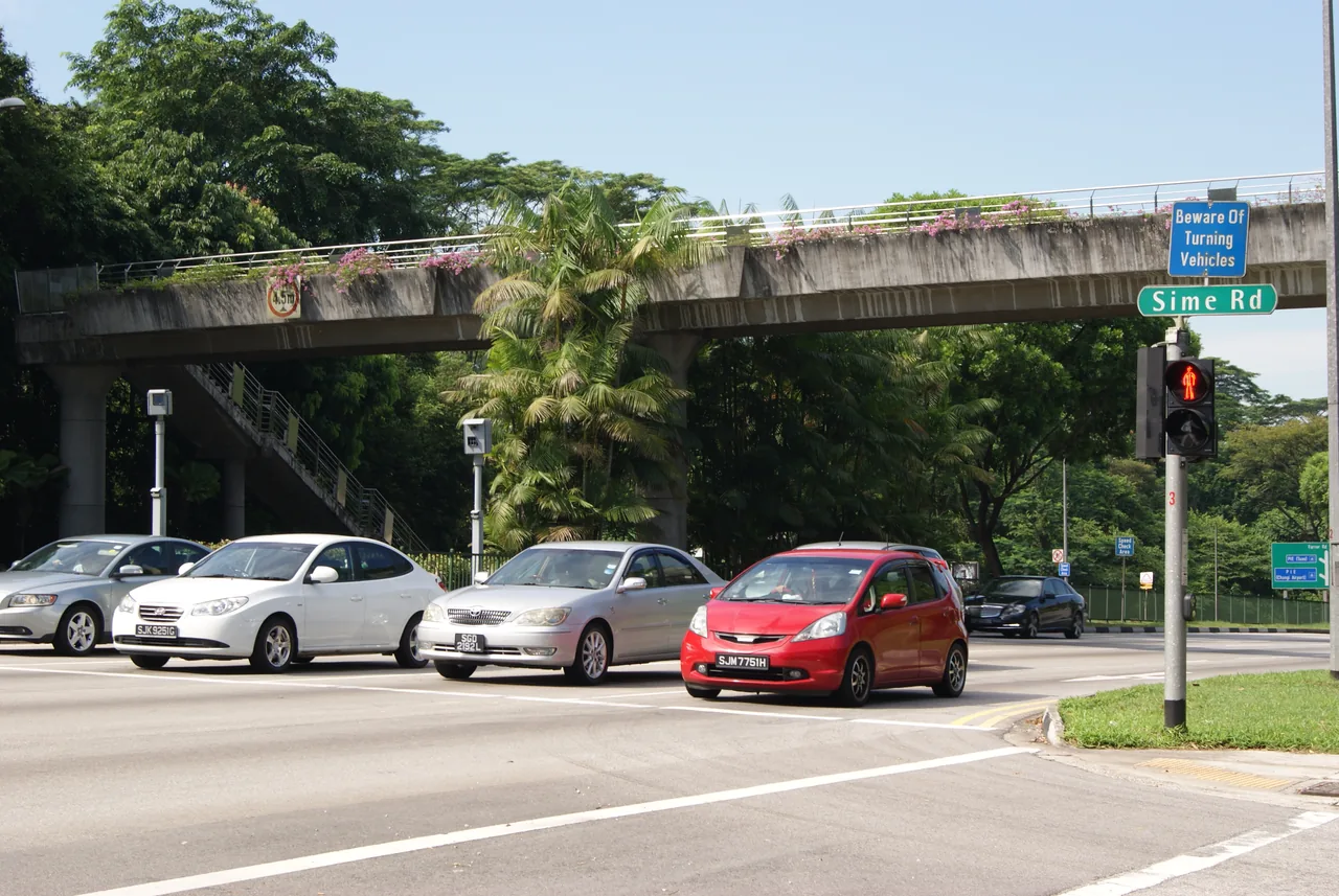 Cars wait at a junction beside a red traffic light.