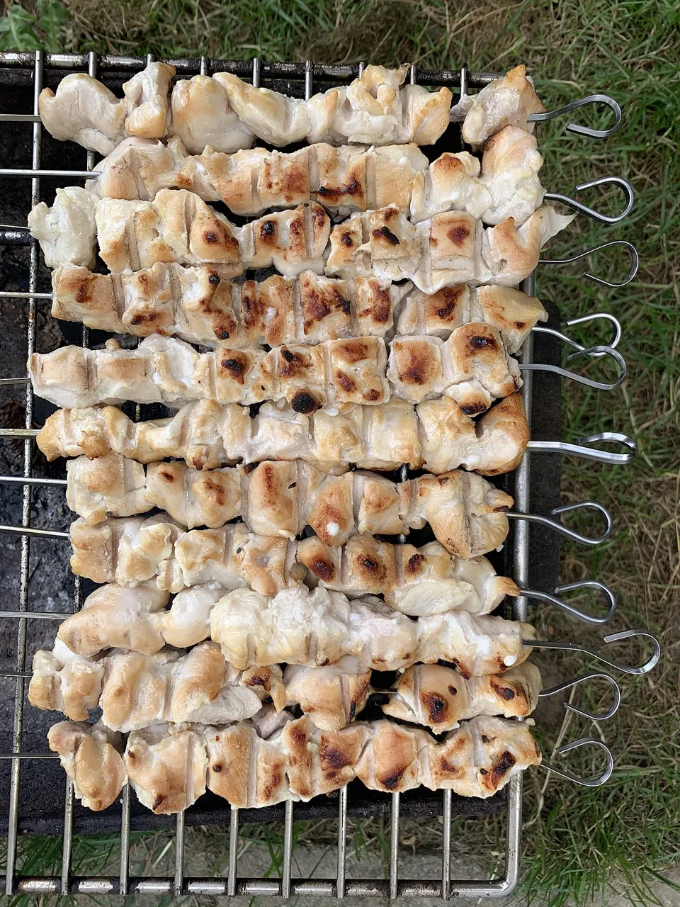 Skewers of food cook over a grill.