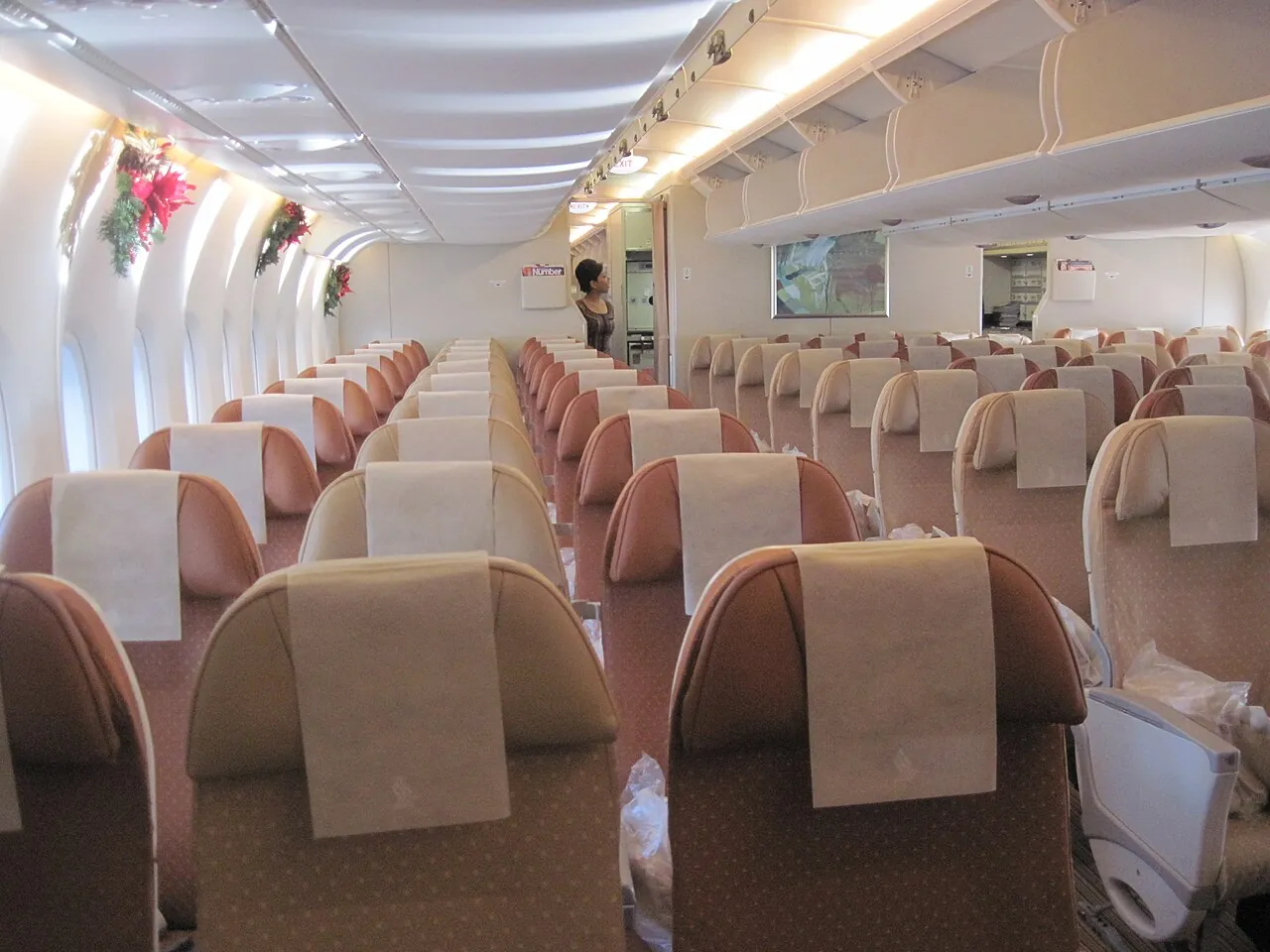 Rows of empty seats fill an aeroplane cabin.
