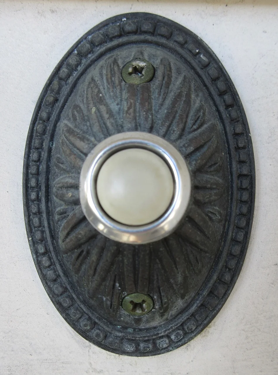 An oval dark metal doorbell plate with a decorative leaf pattern holds a round white push button.