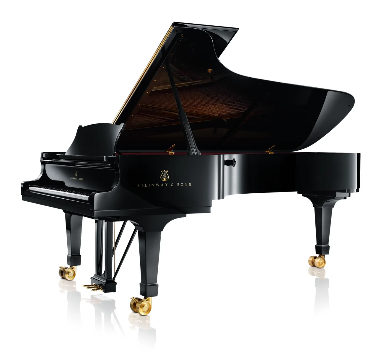 A black grand piano with its lid open stands on a white floor.
