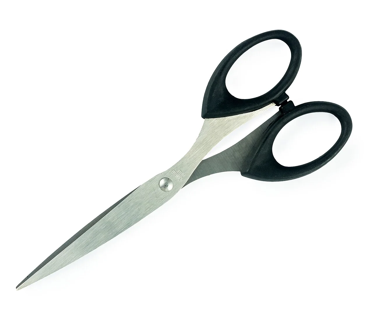A pair of scissors with black handles and stainless steel blades lies open on a white background.