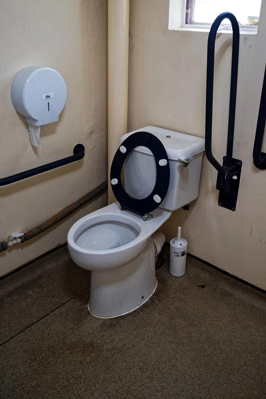 A white toilet with a raised black seat sits in an accessible cubicle beside grab rails and a tissue dispenser.