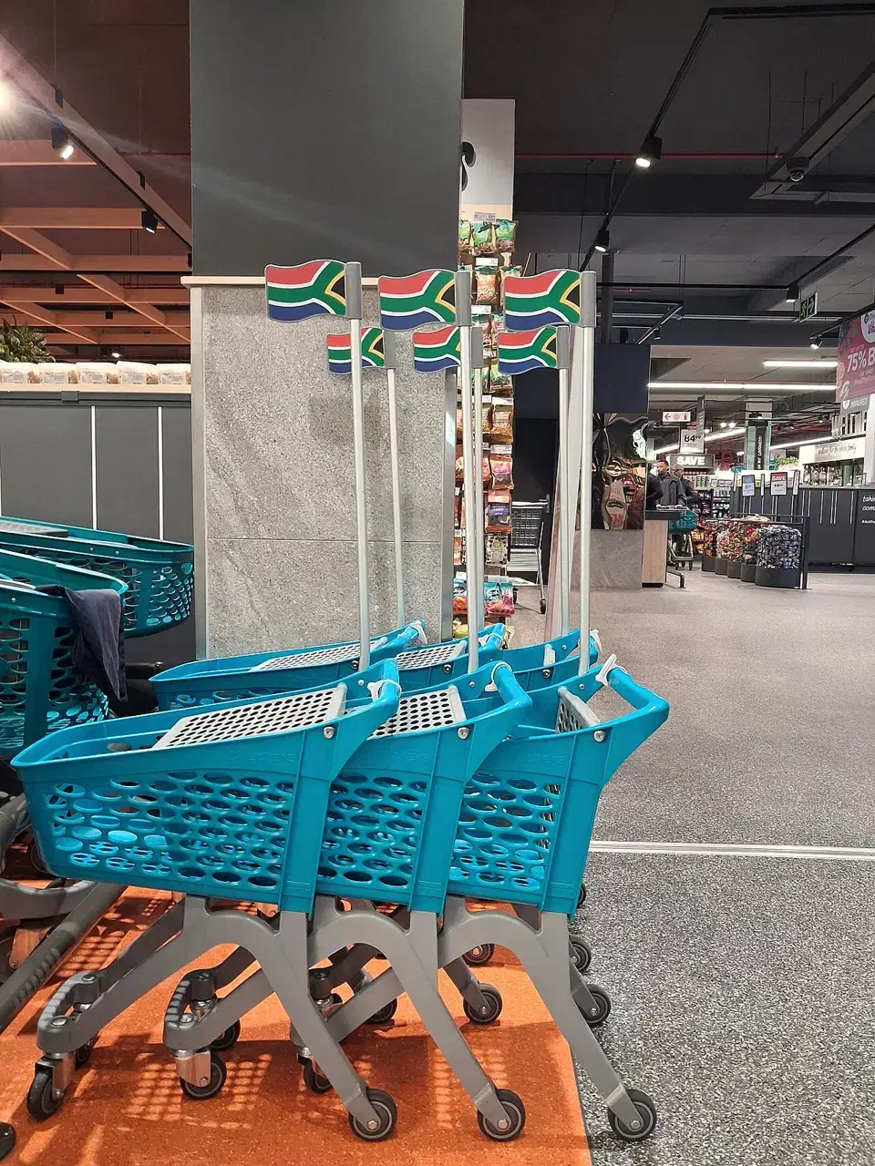 Several blue children's shopping carts with small South African flags are lined up in a store.