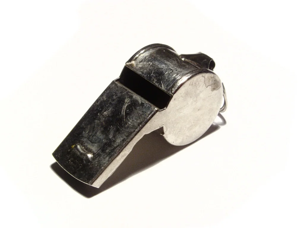 A silver metal pea whistle rests on a white surface.