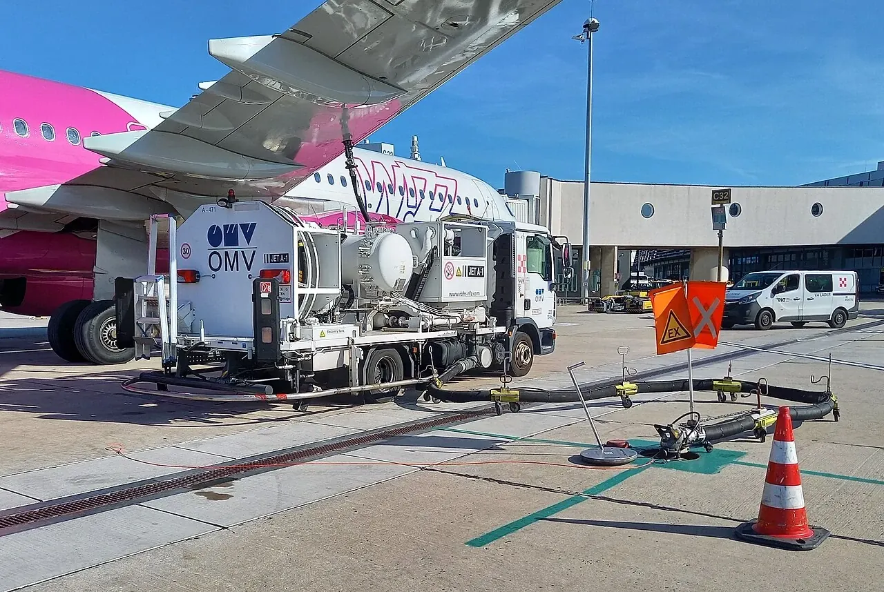 A white fuel dispenser stands beneath an aircraft wing with a hose stretched across the ground.
