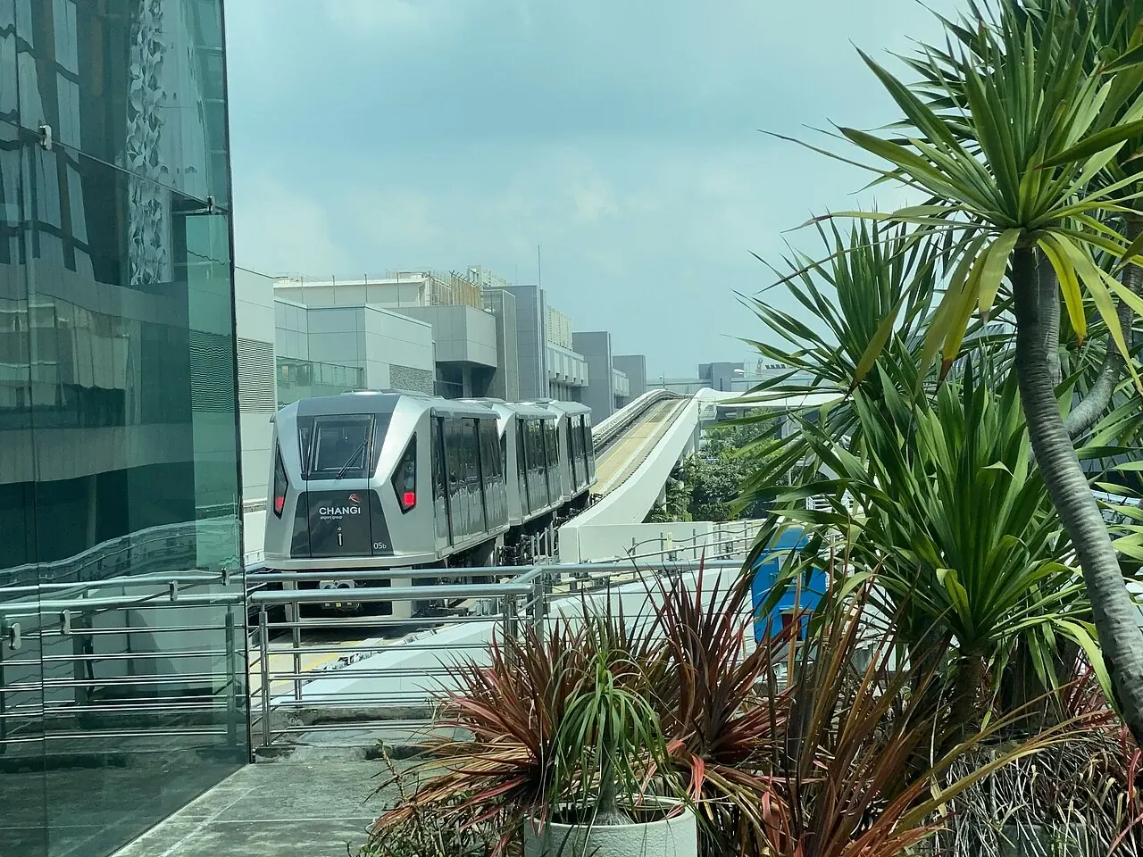 A white airport train appears between a glass wall and tall green plants.