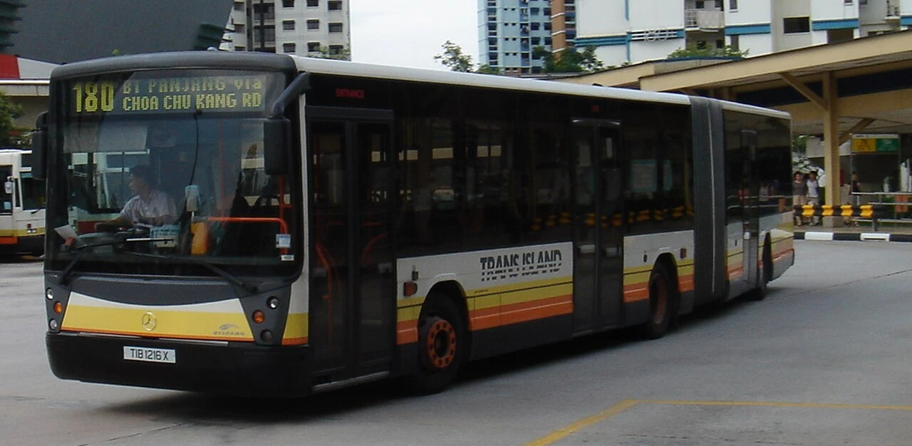 SMRT Mercedes-Benz bendy bus at Bukit Panjang Interchange, Singapore.