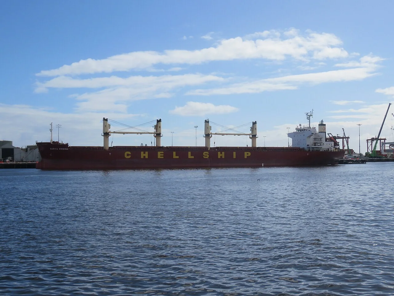 A long bulk carrier has several cranes spaced along its deck.