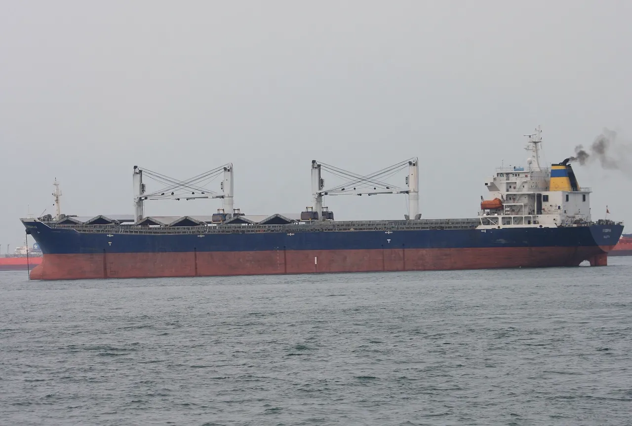 A long bulk carrier has a red-and-black hull and several deck cranes.