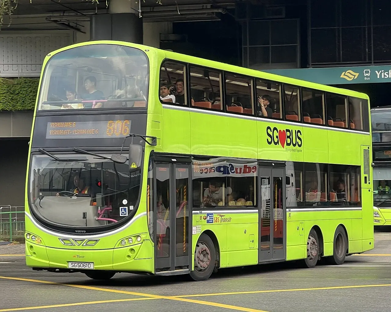 Green SG Bus double-decker on service 806 in Singapore.