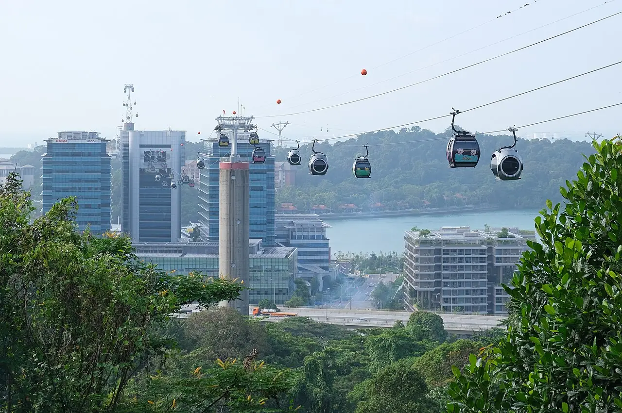 Cable-car cabins hang above trees and buildings.