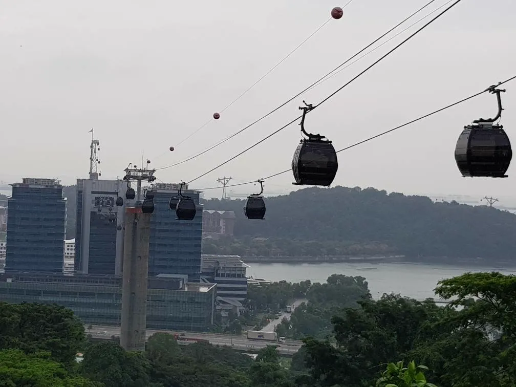 Dark cable-car cabins hang from cables above buildings and trees.