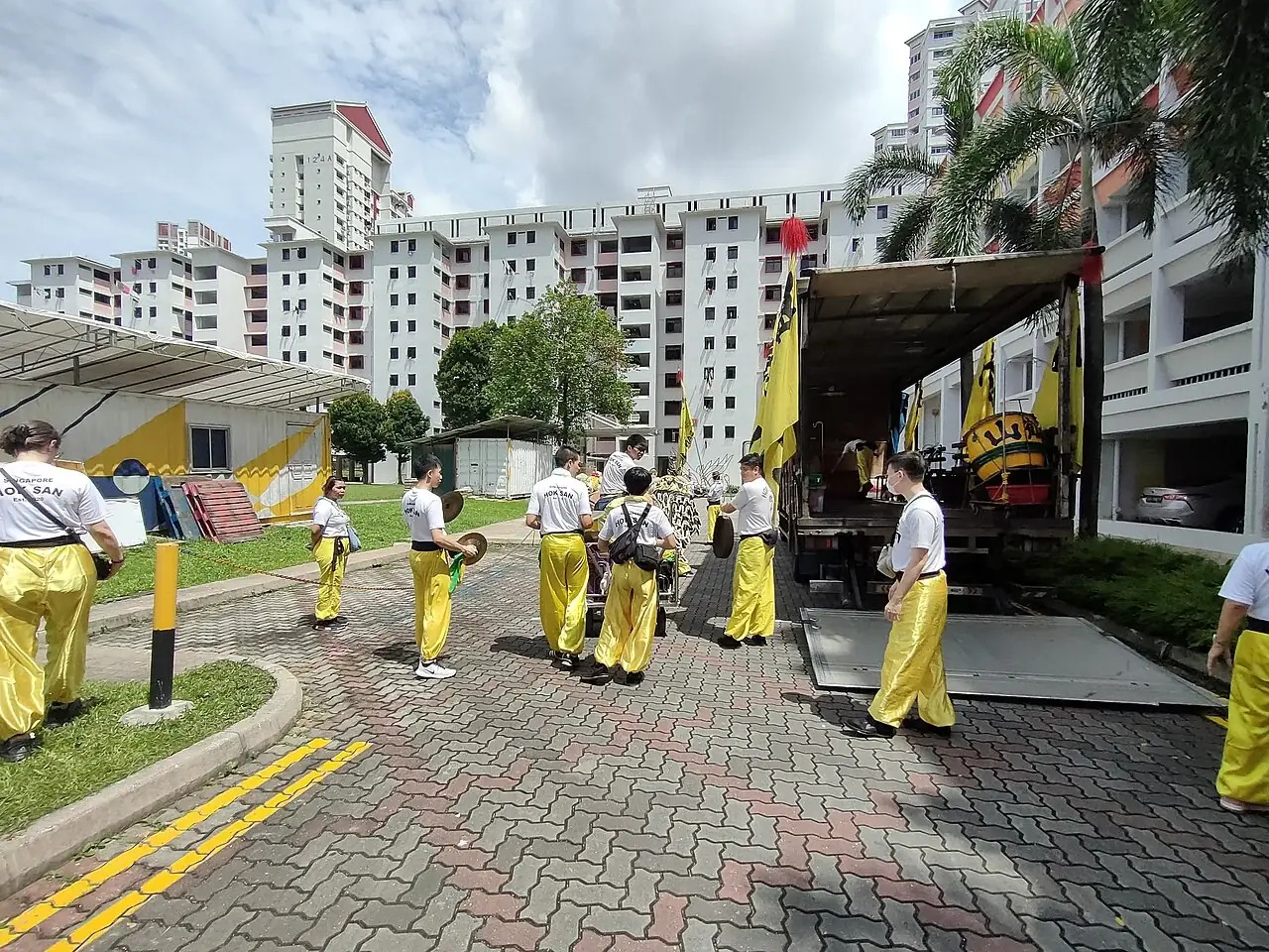 Rear view of a canopy lorry used by a lion-dance troupe in Tiong Bahru, Singapore.