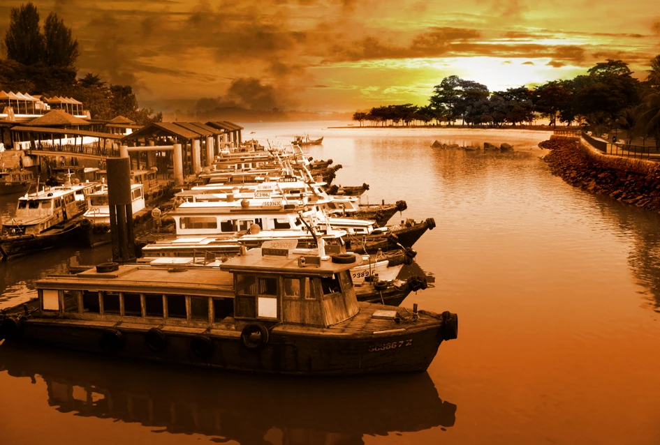 A row of roofed bumboats is moored beside a jetty in warm golden light.