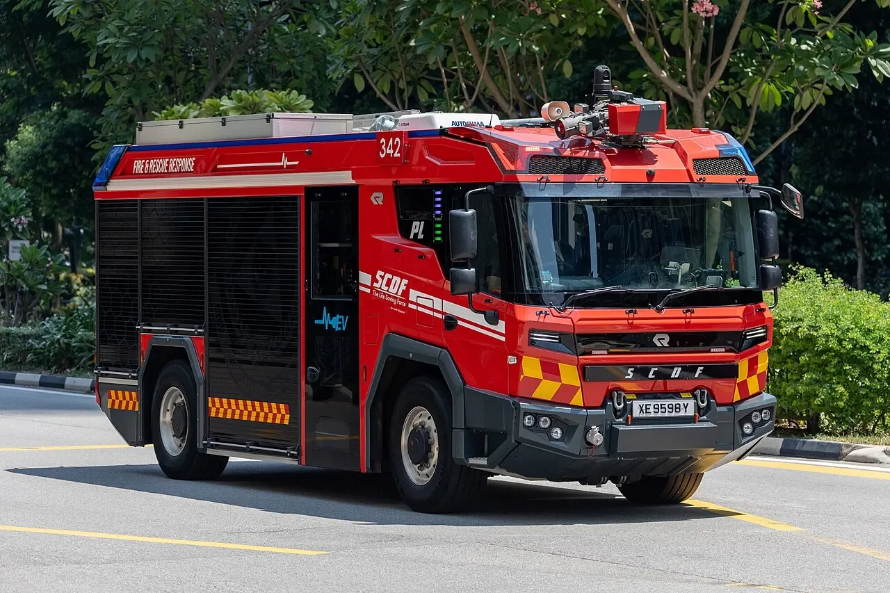 SCDF Rosenbauer electric pump-ladder fire engine in Singapore.