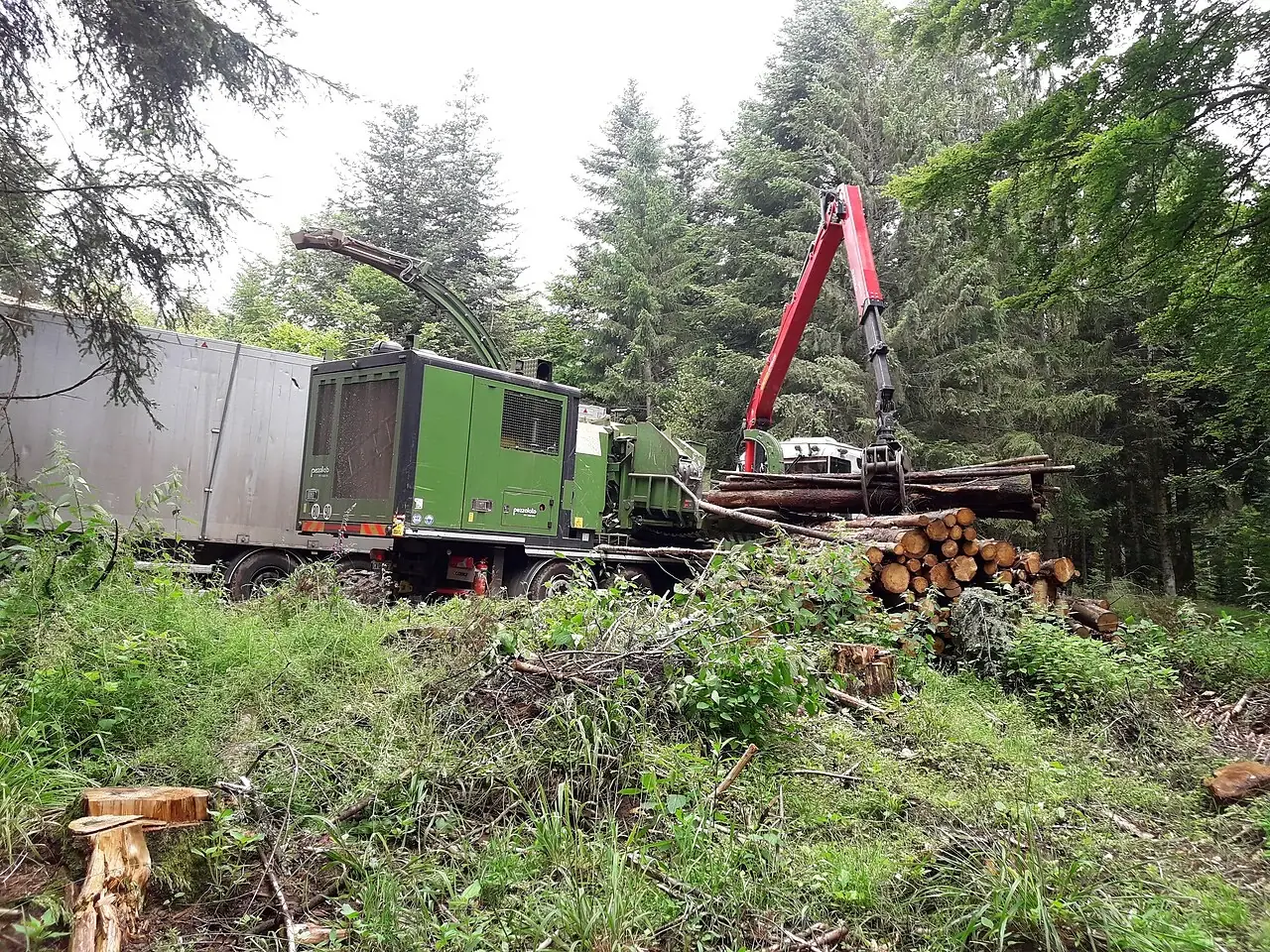 A green wood chipper on a truck stands beside logs and a red loading crane.