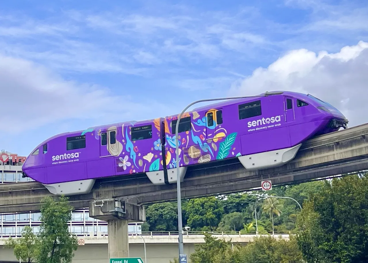 A purple monorail with colourful pictures runs on a single raised beam.