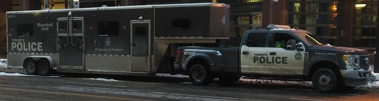 A police pickup truck pulls a long horse trailer.