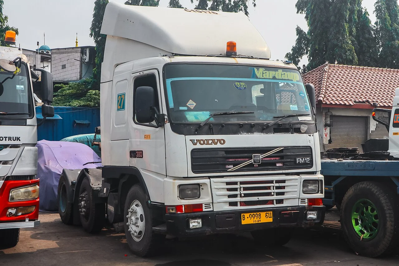 A white Volvo prime mover parked in Jakarta, Indonesia.