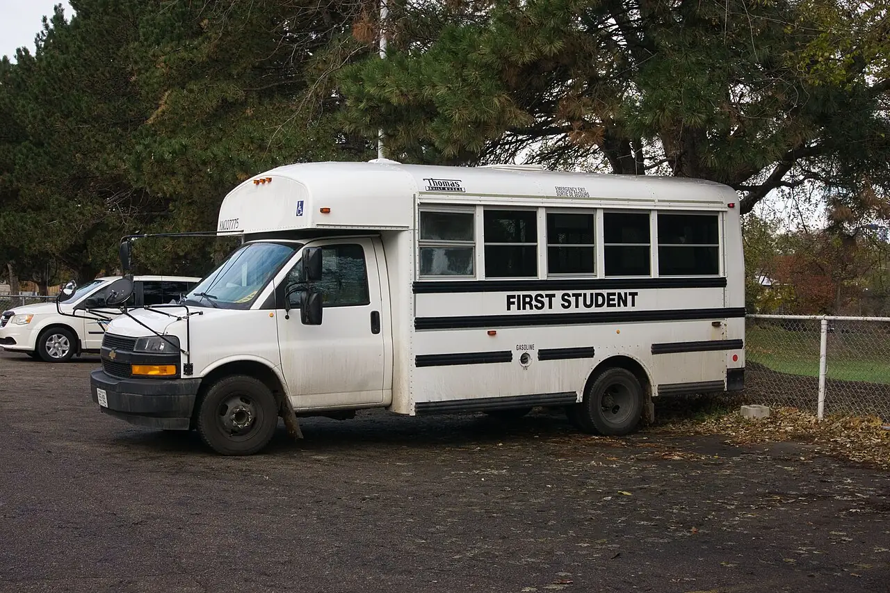 A white school bus has a black stripe and a row of side windows.