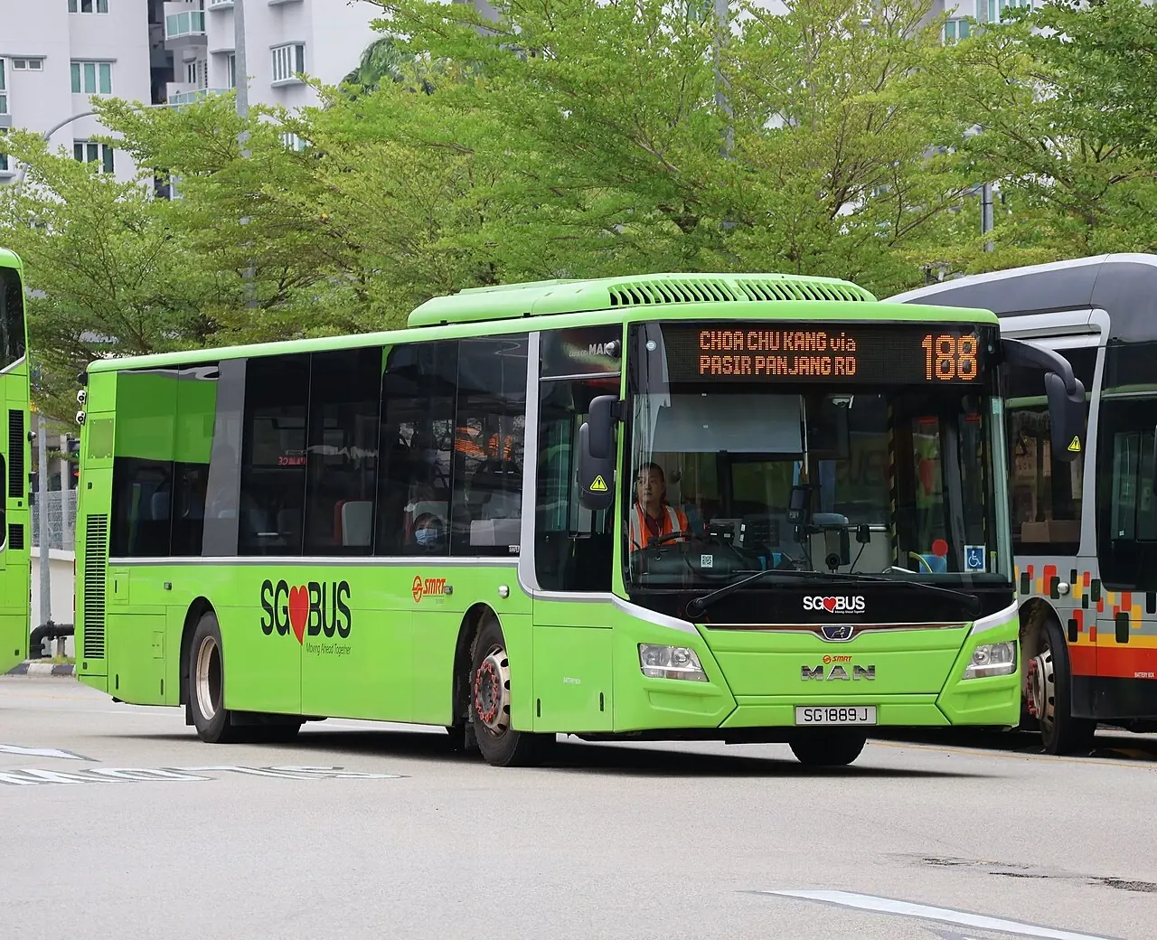 SMRT single-decker bus on service 188 at Choa Chu Kang Interchange, Singapore.