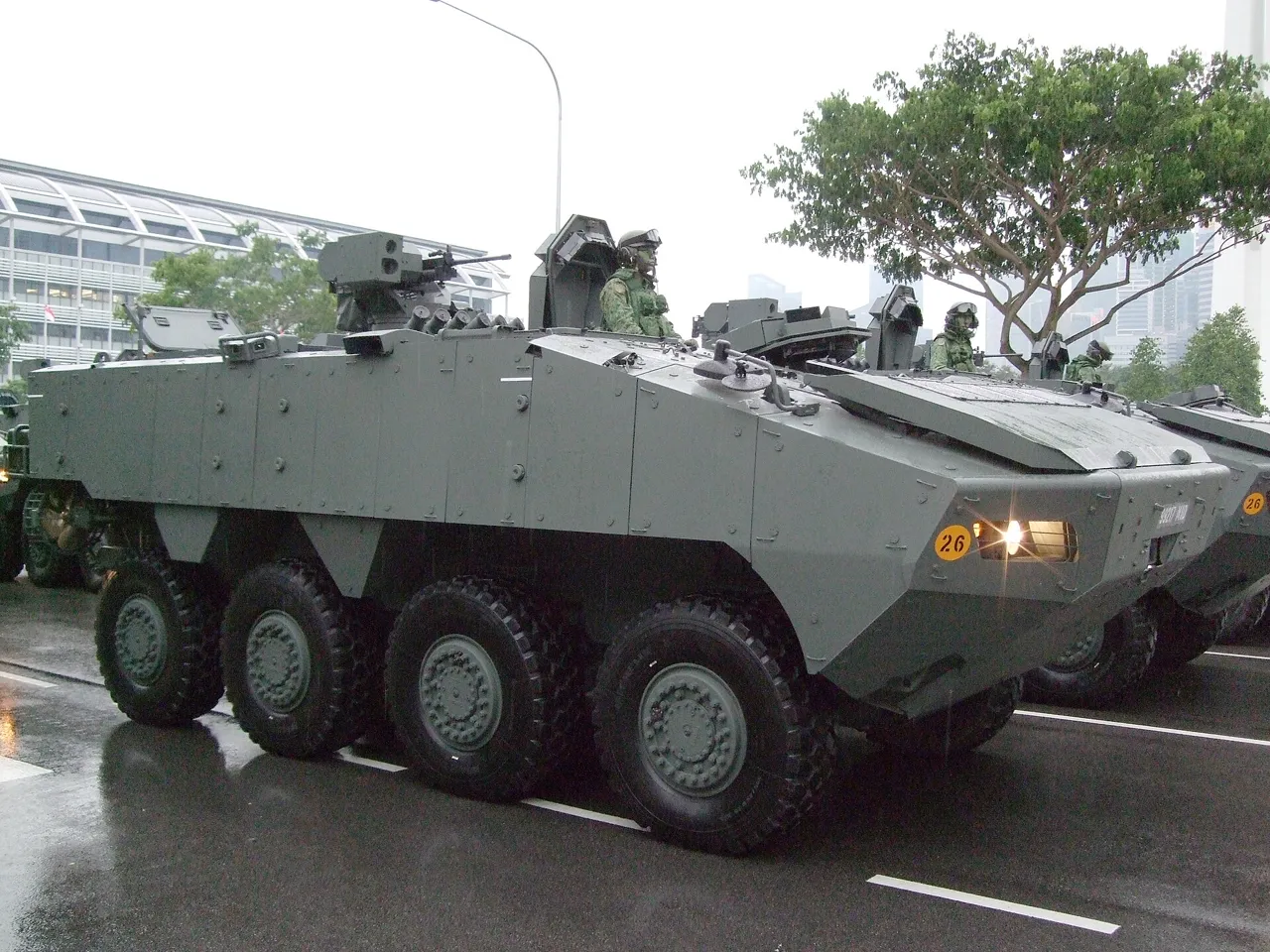 Eight-wheeled Terrex army carrier on a Singapore road.